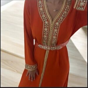 Elegant Embroidered Long Sleeve Dress - Orange